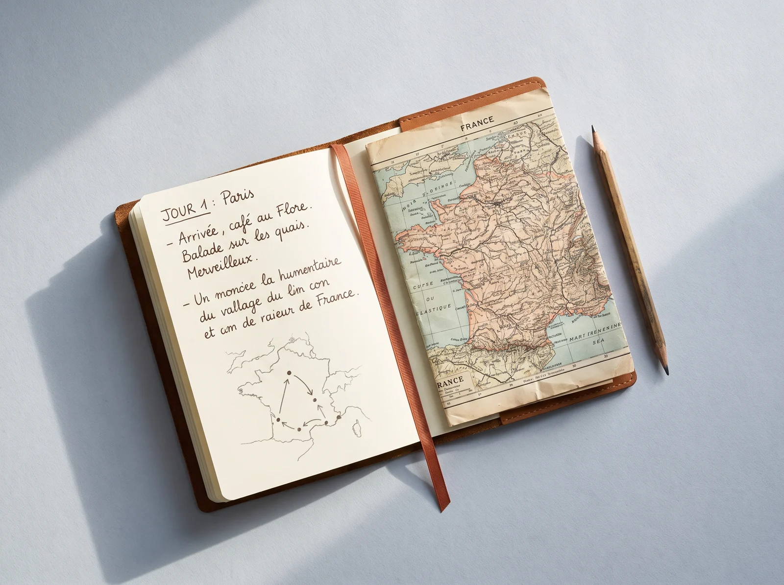 Carnet de voyage ouvert avec carte et notes manuscrites